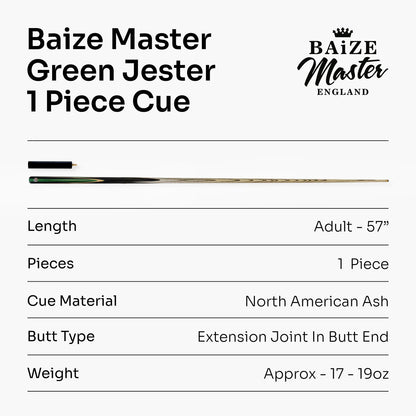 Baize Master 57 inch Green Jester 1 Piece Snooker Pool Cue - 9.5mm Tip