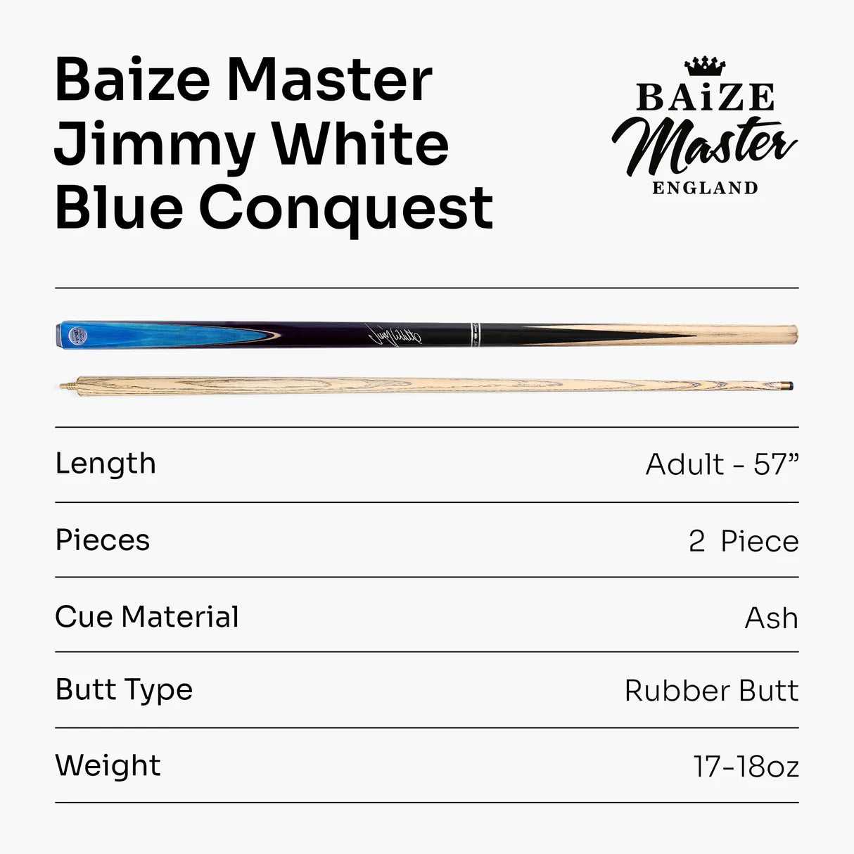 Baize Master Jimmy White Blue Conquest - 2 Piece Snooker Pool Cue - 2 Colours