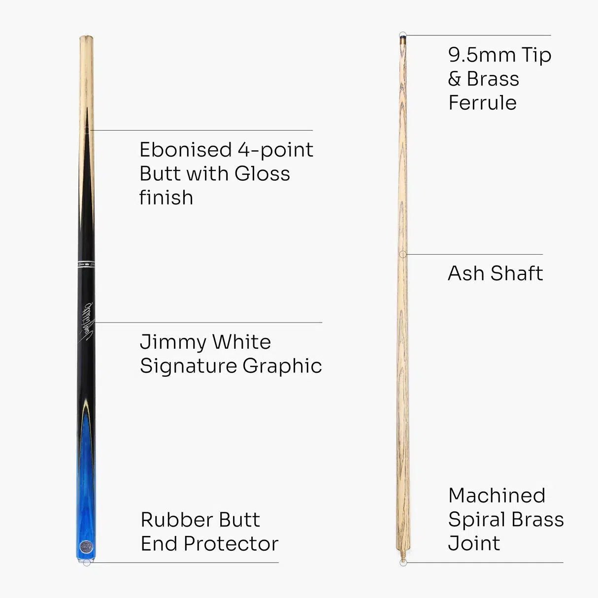 Baize Master - Jimmy White Signature Victory Cue - 2 Piece with 9.5mm Tip - 3 Colours