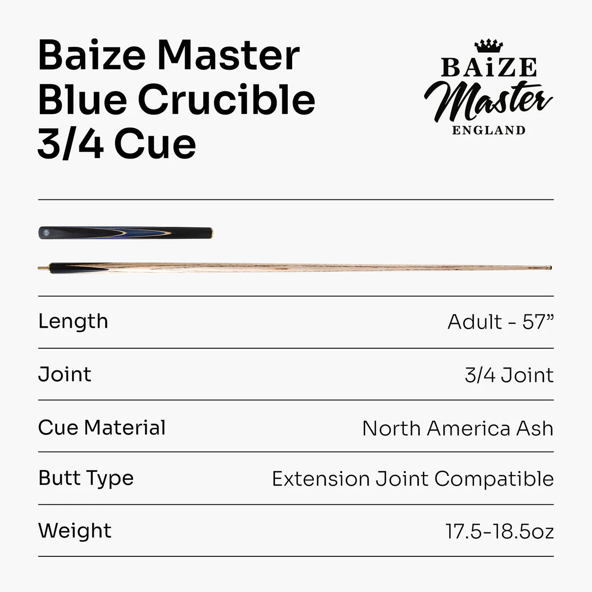 Baize Master 3/4 CRUCIBLE Hand Spliced Snooker Pool Cue - 6 Colours