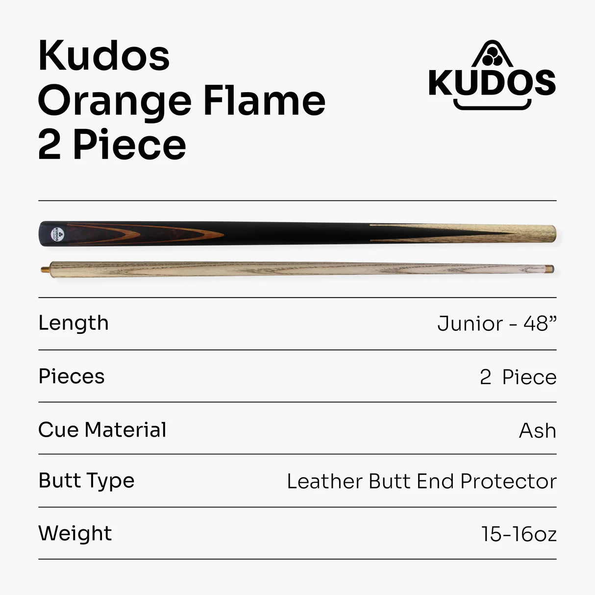 Kudos 48inch Classic Range Snooker Pool Cue - Junior Kids 2 Piece - 10mm Tip